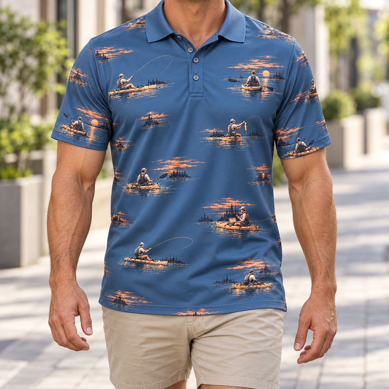 Kayak Fishing Slate Sunset Polo Shirt - Model wearing the product