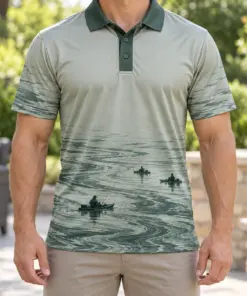 Kayak Quiet Estuary Sage Ink Polo Shirt - Model wearing the product