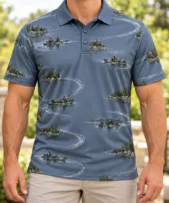 Kayak Water Compass Slate Moss Polo Shirt - Model wearing the product
