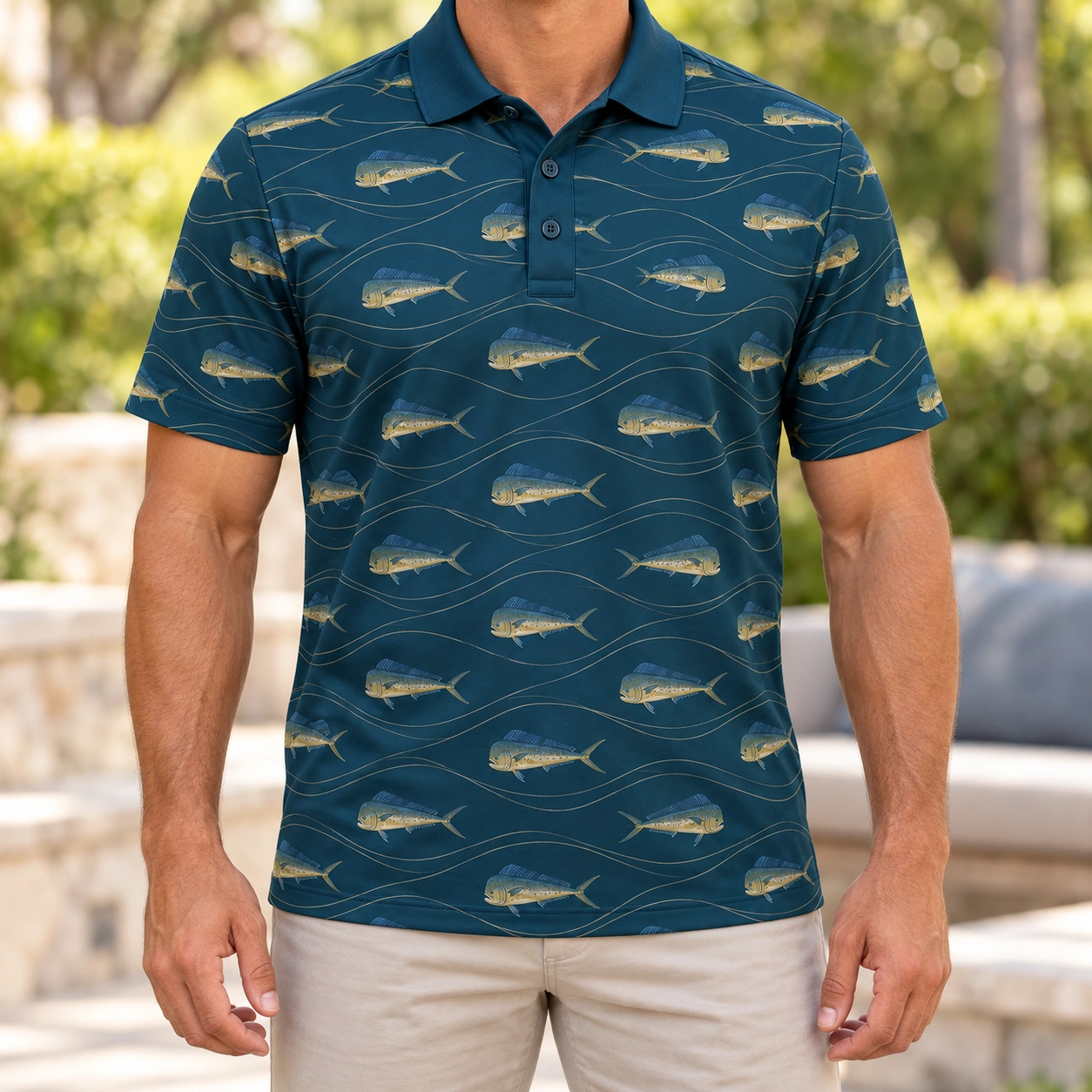 Mahi Wave Weft Petrol Sand Polo Shirt - Model wearing the product