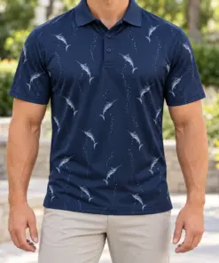 Marlin Longitudinal Drift Navy Pewter Polo Shirt - Model wearing the product