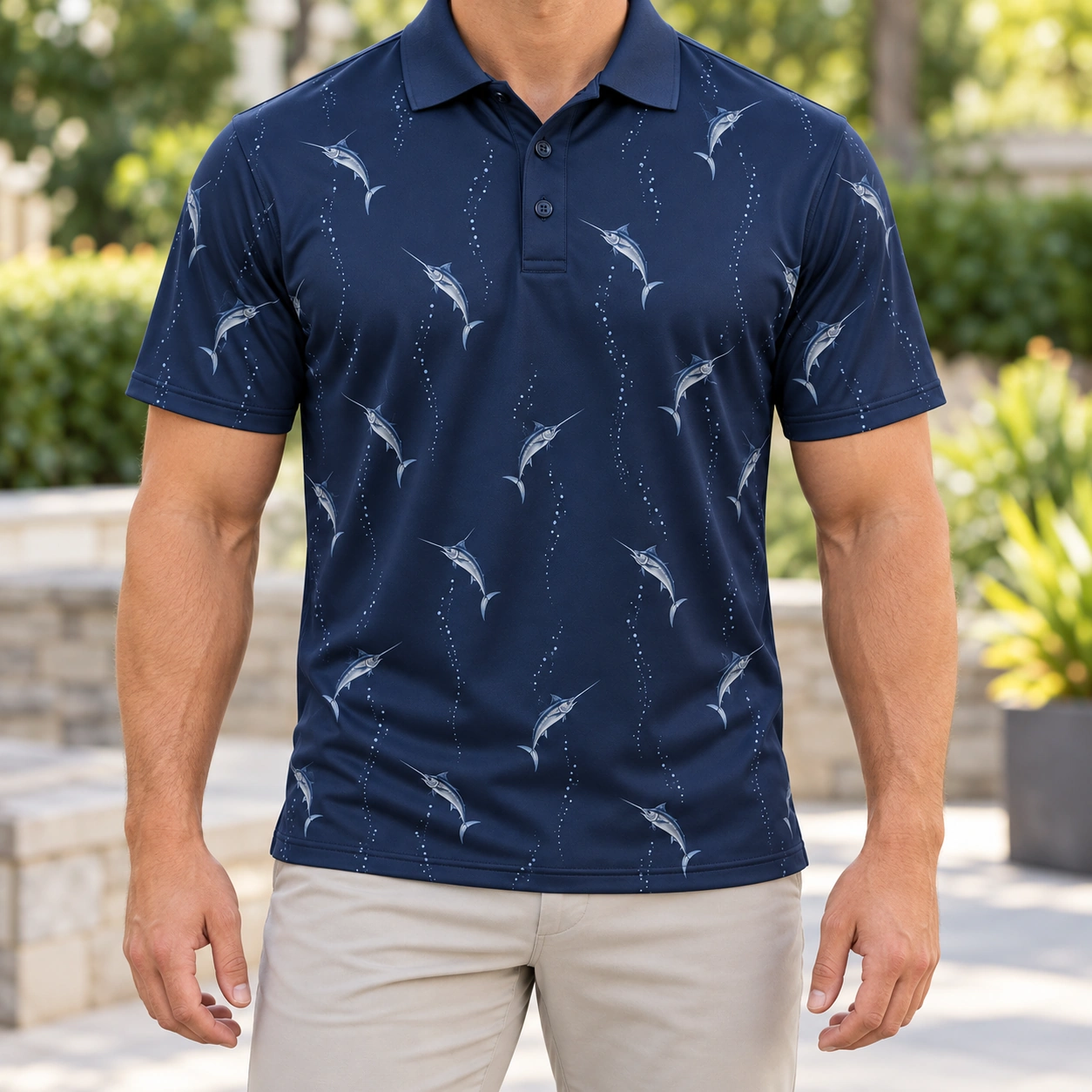 Marlin Longitudinal Drift Navy Pewter Polo Shirt - Model wearing the product