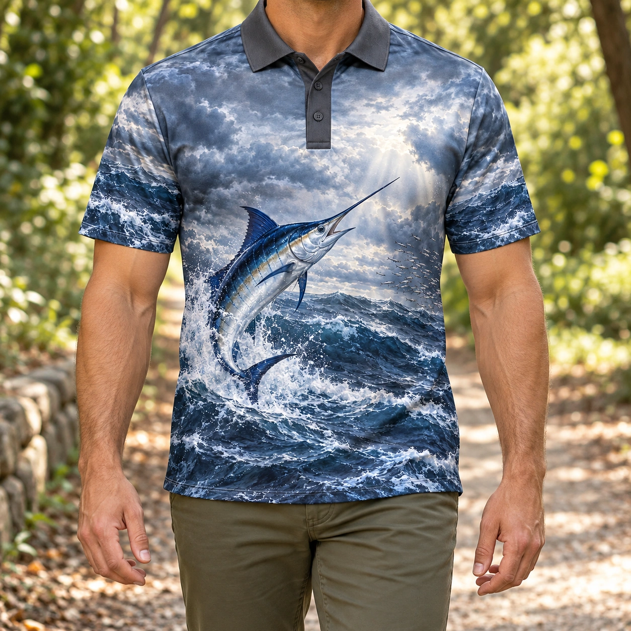 Marlin Ocean Storm Silver Polo Shirt - Model wearing the product