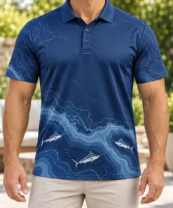 Marlin Quiet Offshore Ink Ash Polo Shirt - Model wearing the product