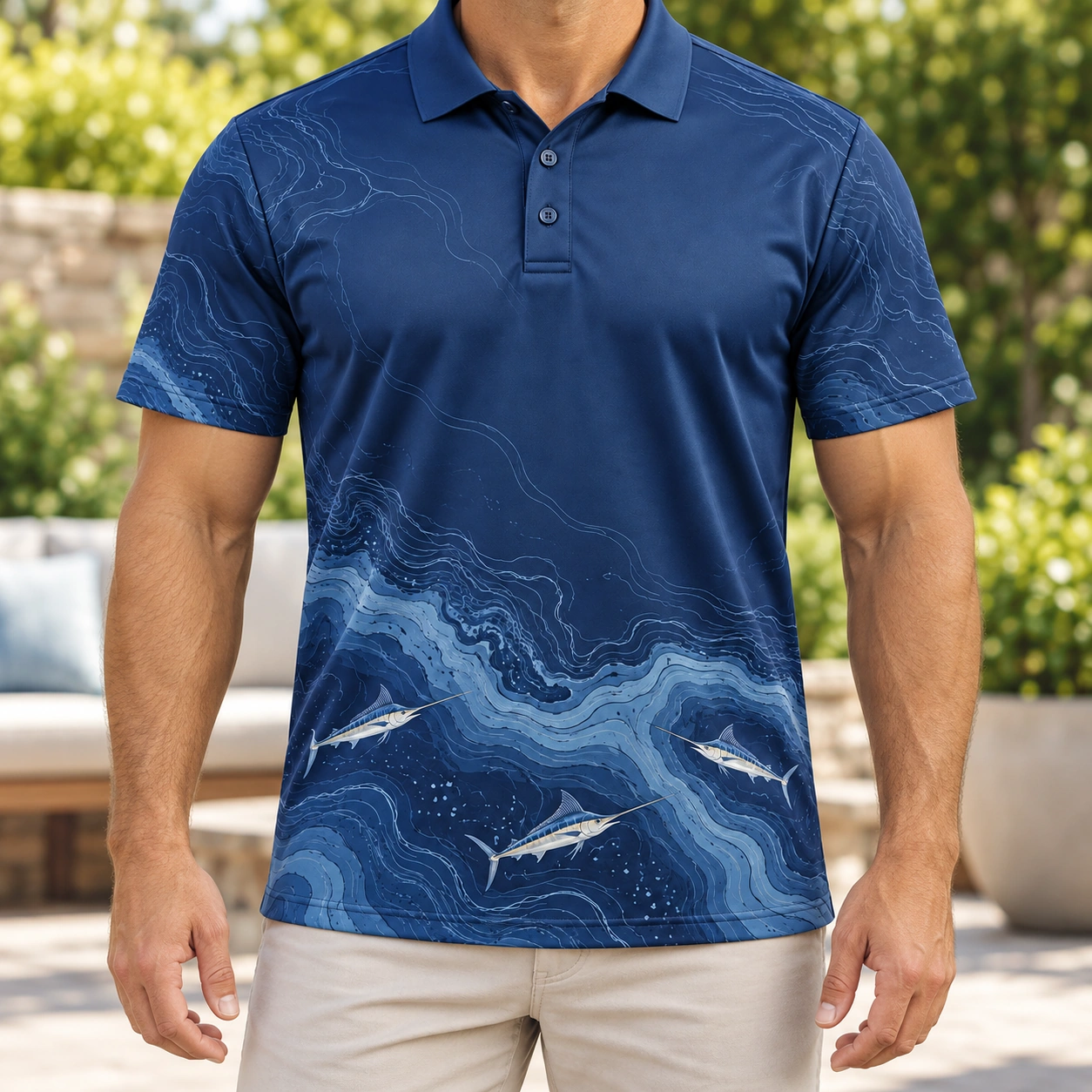 Marlin Quiet Offshore Ink Ash Polo Shirt - Model wearing the product