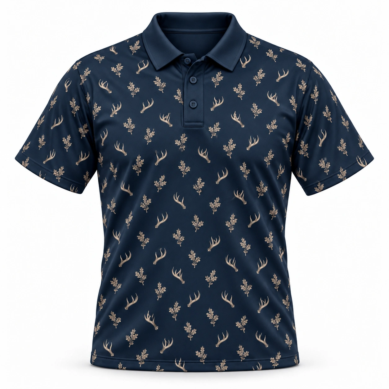 Micro Antlers and Oak Midnight Navy Polo Shirt - Front view