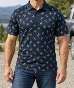 Micro Antlers and Oak Midnight Navy Polo Shirt - Model wearing the product