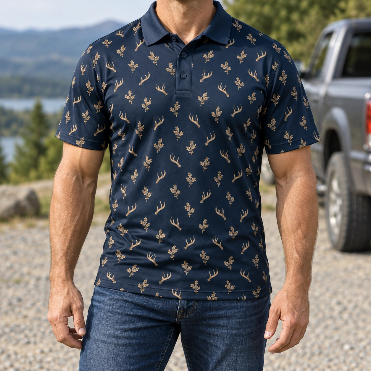 Micro Antlers and Oak Midnight Navy Polo Shirt - Model wearing the product