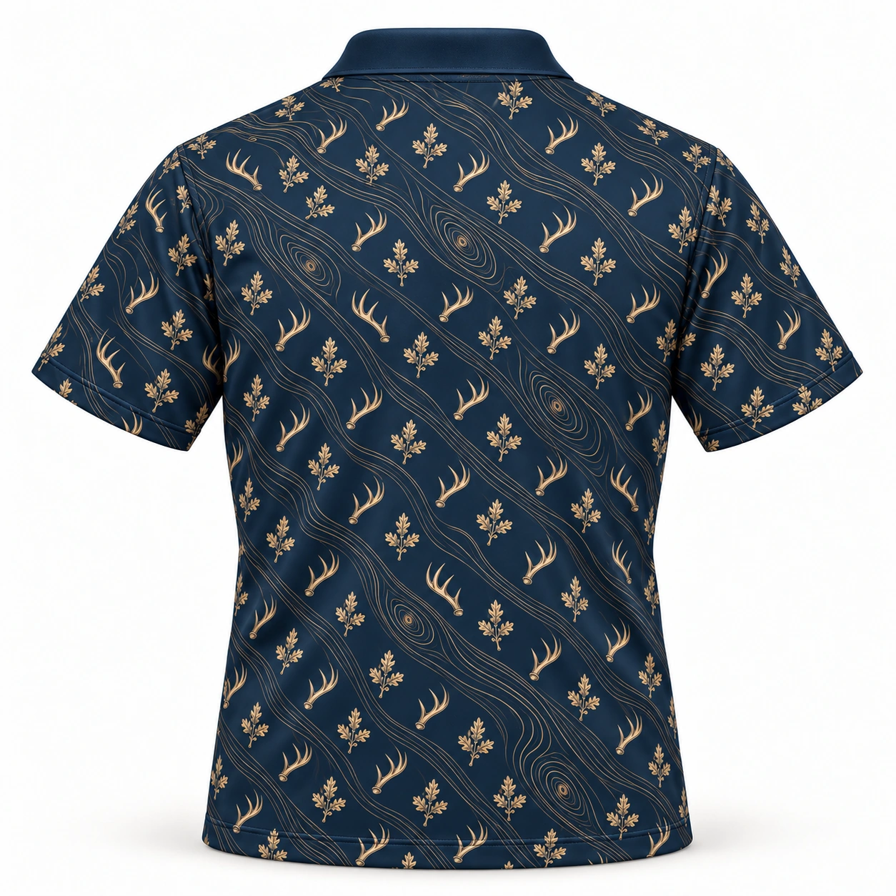 Micro Antlers and Oak with Gold Woodgrain Midnight Navy Polo Shirt - Back view