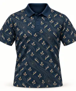 Micro Antlers and Oak with Gold Woodgrain Midnight Navy Polo Shirt - Front view