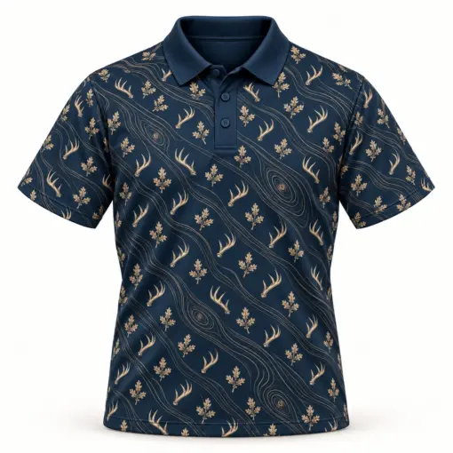 Micro Antlers and Oak with Gold Woodgrain Midnight Navy Polo Shirt - Front view