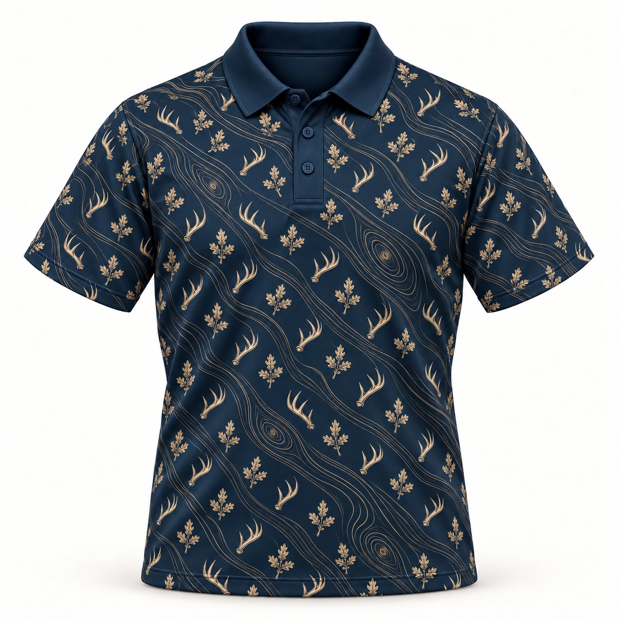 Micro Antlers and Oak with Gold Woodgrain Midnight Navy Polo Shirt - Front view