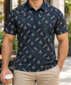 Micro Antlers and Oak with Gold Woodgrain Midnight Navy Polo Shirt - Model wearing the product
