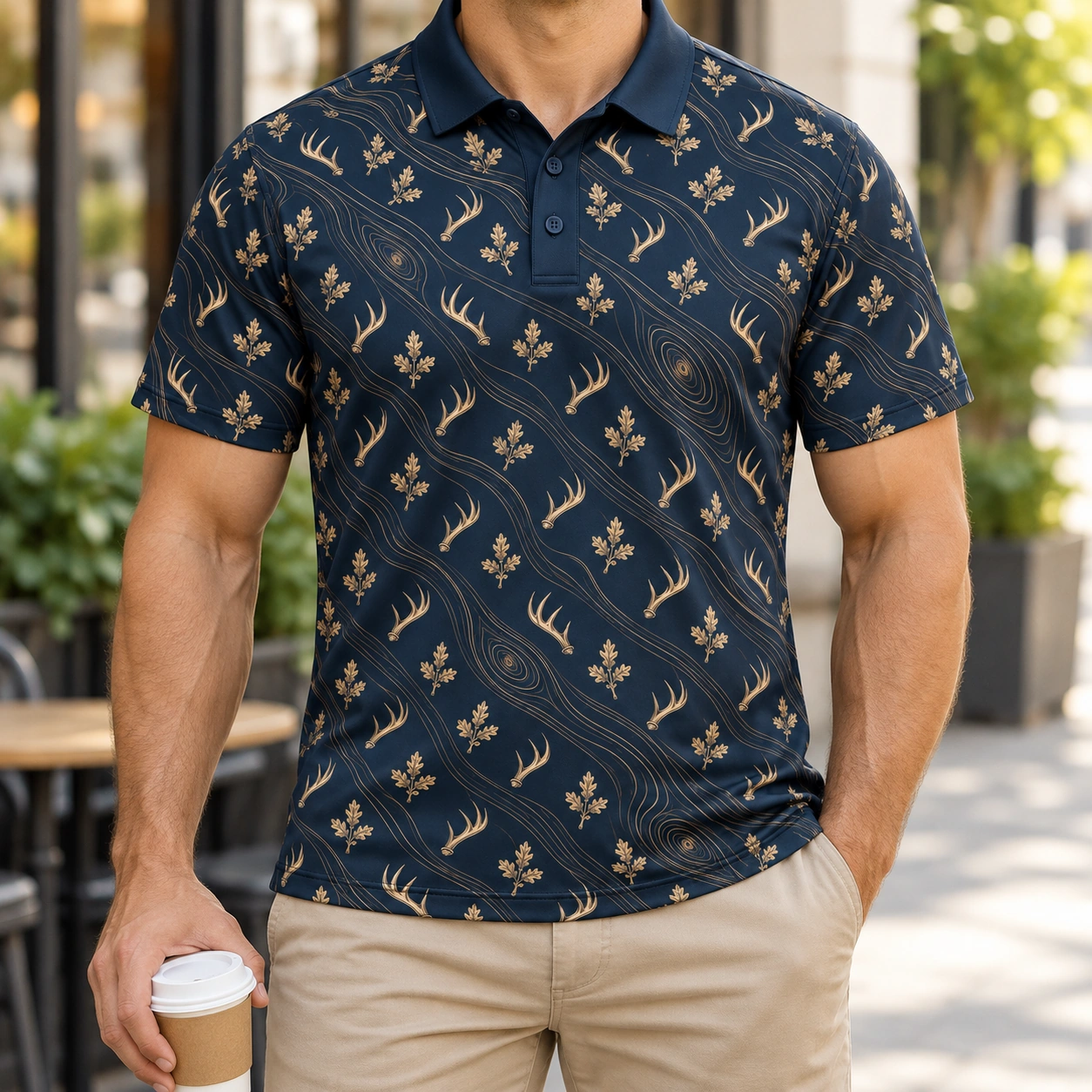 Micro Antlers and Oak with Gold Woodgrain Midnight Navy Polo Shirt - Model wearing the product