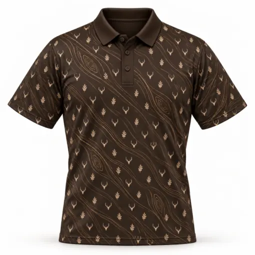Micro Deer Heads and Oak with Gold Woodgrain Espresso Polo Shirt - Front view