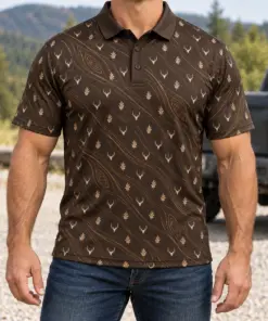Micro Deer Heads and Oak with Gold Woodgrain Espresso Polo Shirt - Model wearing the product