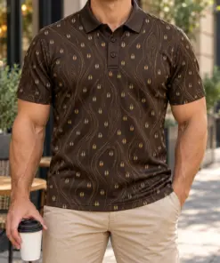 Micro Deer Hooves and Gold Woodgrain Espresso Polo Shirt - Model wearing the product