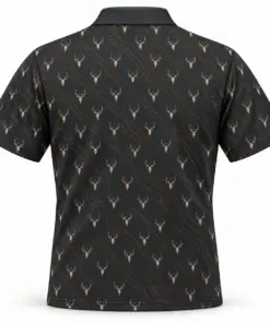 Micro Deer Skulls and Gold Woodgrain Charcoal Polo Shirt - Back view