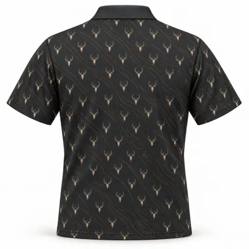Micro Deer Skulls and Gold Woodgrain Charcoal Polo Shirt - Back view