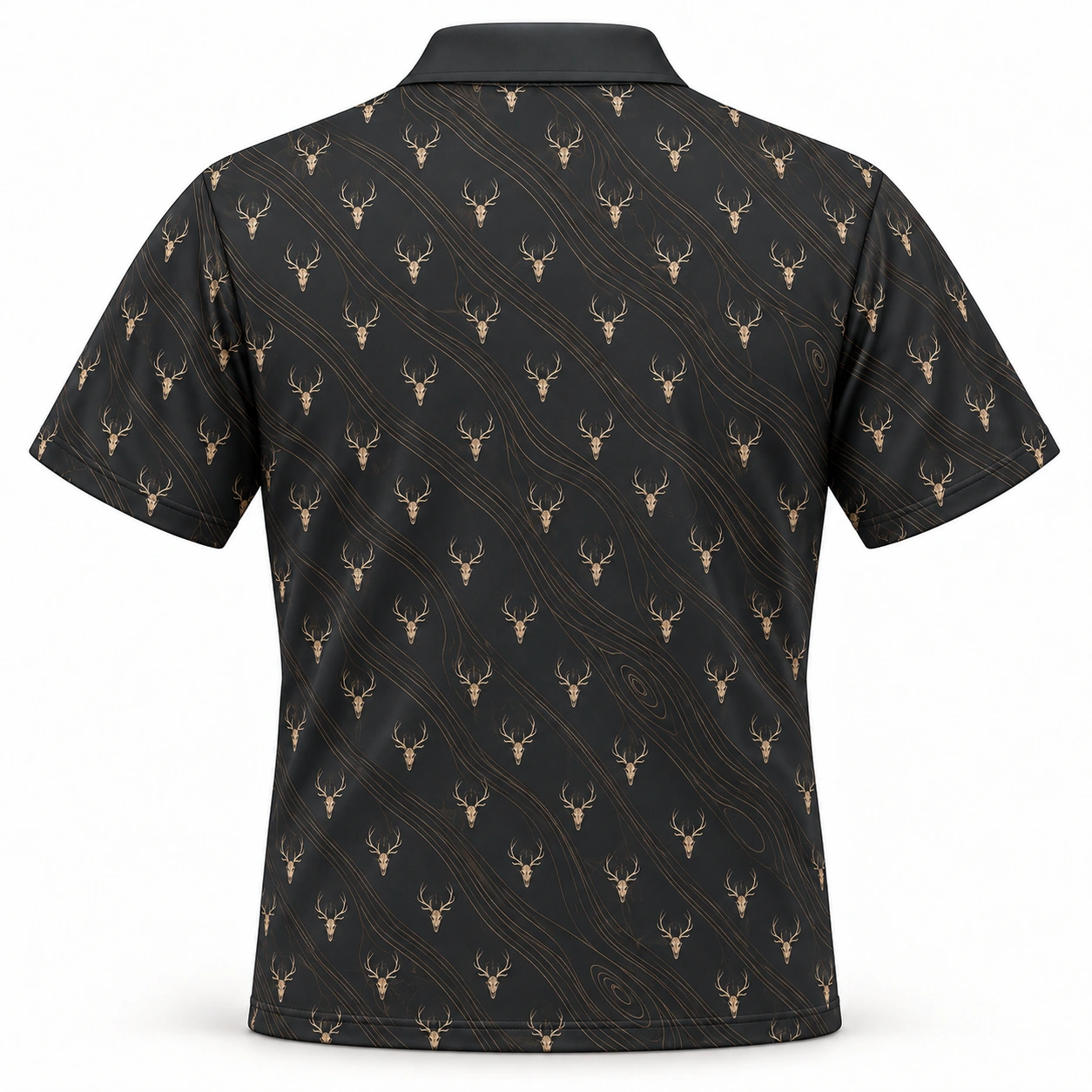 Micro Deer Skulls and Gold Woodgrain Charcoal Polo Shirt - Back view