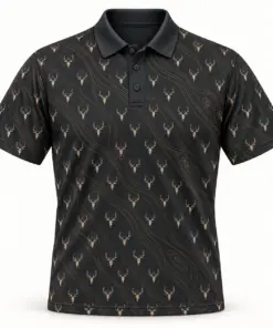 Micro Deer Skulls and Gold Woodgrain Charcoal Polo Shirt - Front view