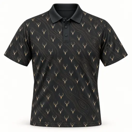 Micro Deer Skulls and Gold Woodgrain Charcoal Polo Shirt - Front view