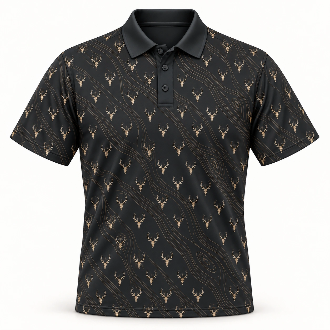 Micro Deer Skulls and Gold Woodgrain Charcoal Polo Shirt - Front view
