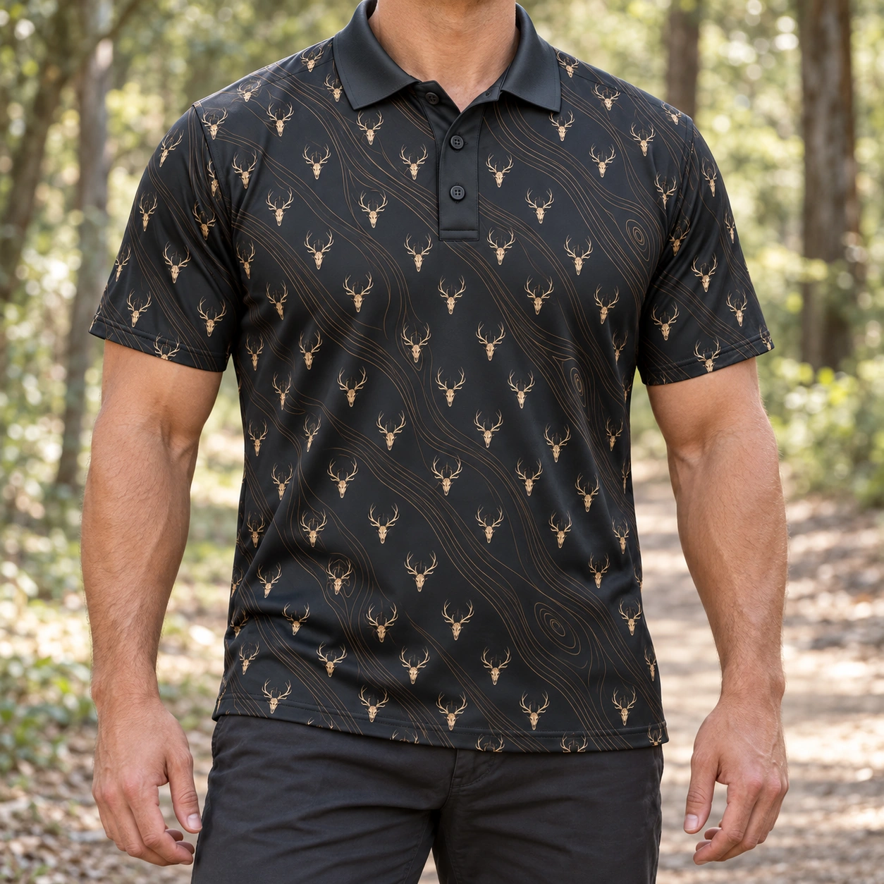 Micro Deer Skulls and Gold Woodgrain Charcoal Polo Shirt - Model wearing the product
