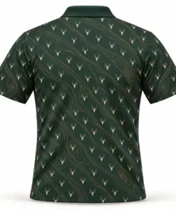 Micro Deer Skulls and Gold Woodgrain Forest Green Polo Shirt - Back view