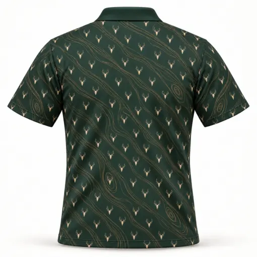 Micro Deer Skulls and Gold Woodgrain Forest Green Polo Shirt - Back view