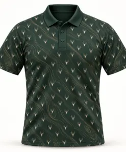 Micro Deer Skulls and Gold Woodgrain Forest Green Polo Shirt - Front view