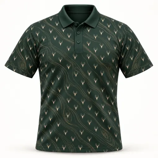 Micro Deer Skulls and Gold Woodgrain Forest Green Polo Shirt - Front view