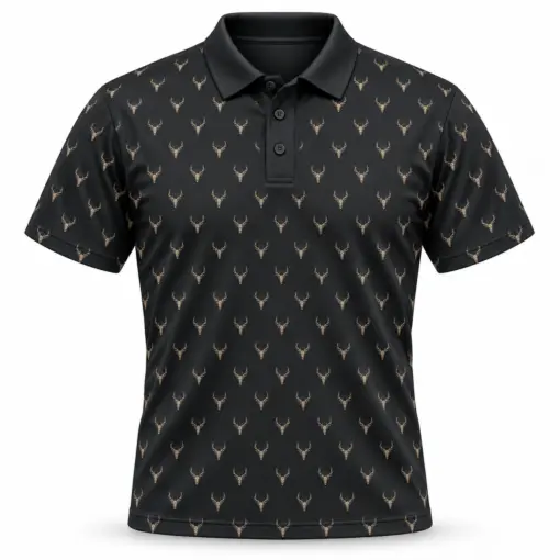 Micro Deer Skulls Charcoal Polo Shirt - Front view
