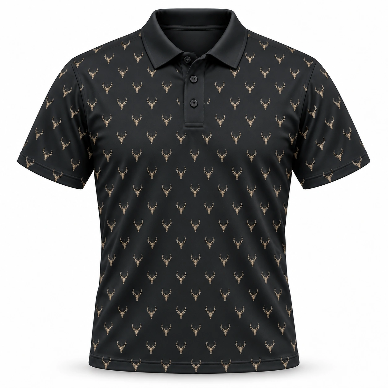 Micro Deer Skulls Charcoal Polo Shirt - Front view