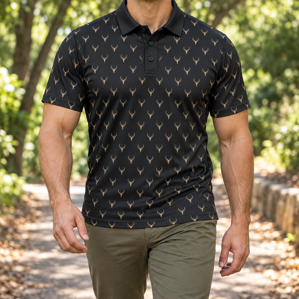Micro Deer Skulls Charcoal Polo Shirt - Model wearing the product