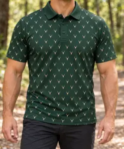 Micro Deer Skulls Forest Green Polo Shirt - Model wearing the product