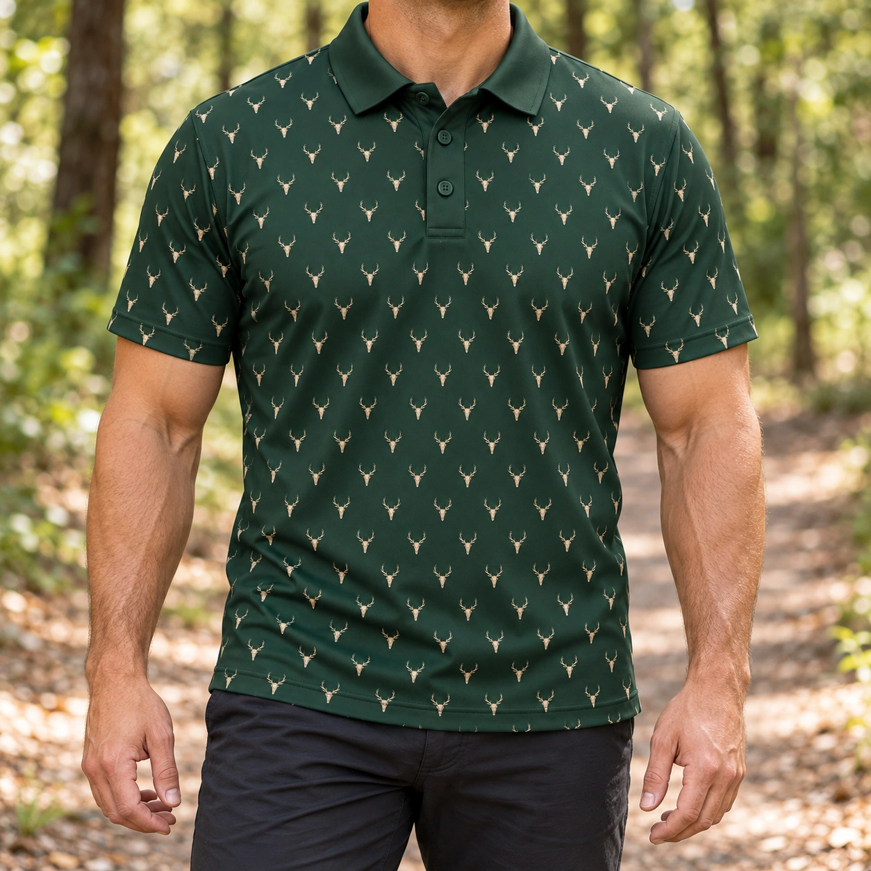 Micro Deer Skulls Forest Green Polo Shirt - Model wearing the product
