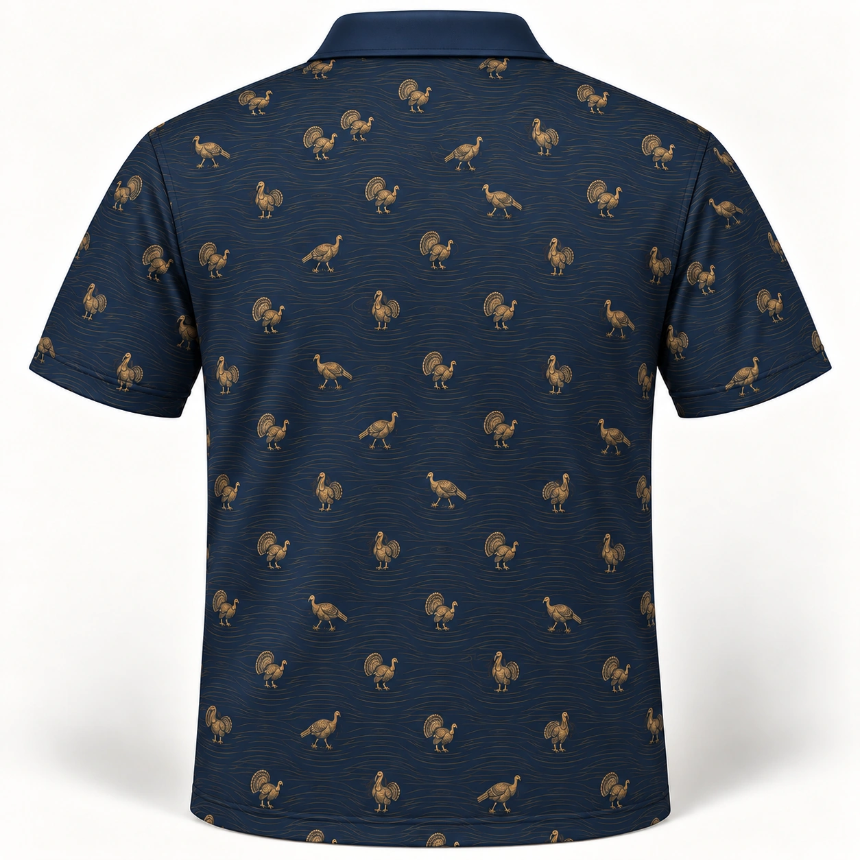 Micro Turkey and Gold Woodgrain Midnight Navy Polo Shirt - Back view