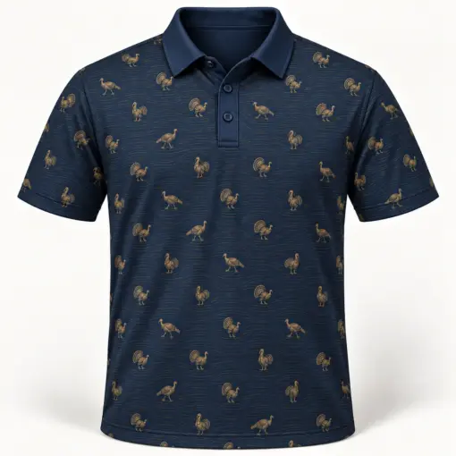 Micro Turkey and Gold Woodgrain Midnight Navy Polo Shirt - Front view