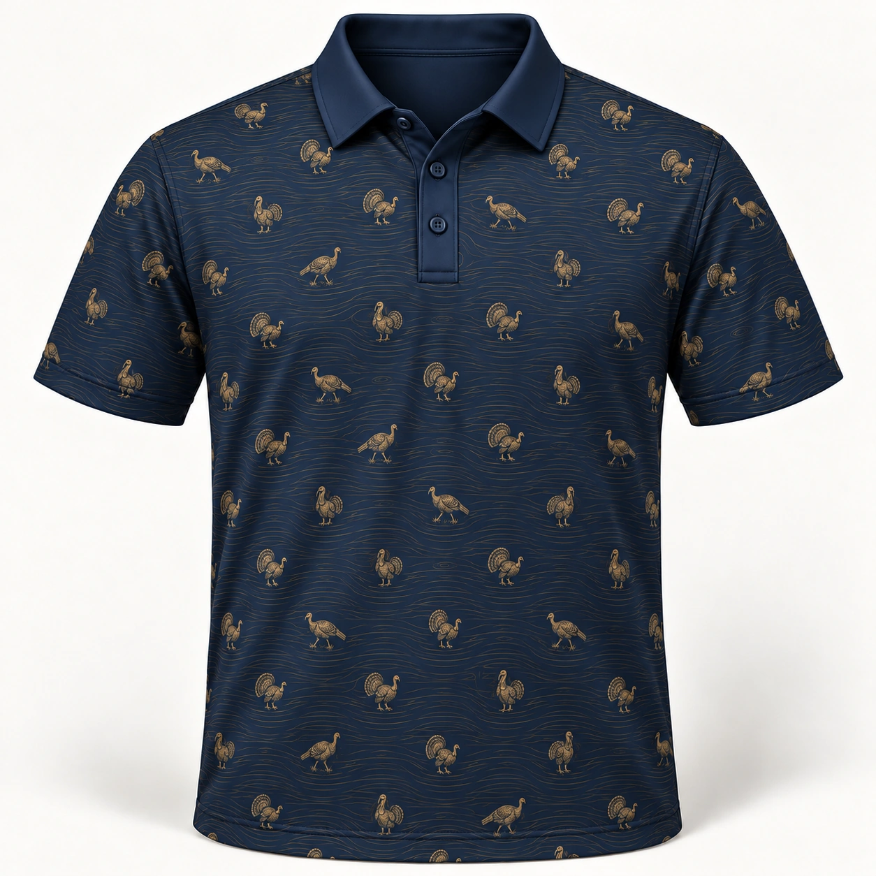 Micro Turkey and Gold Woodgrain Midnight Navy Polo Shirt - Front view