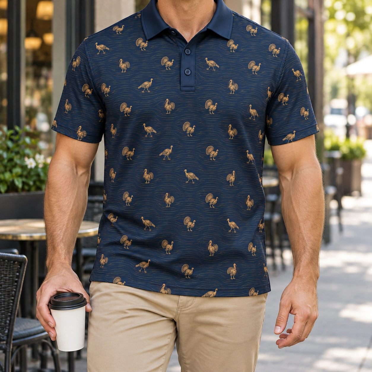 Micro Turkey and Gold Woodgrain Midnight Navy Polo Shirt - Model wearing the product