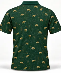 Micro Wild Boar and Gold Woodgrain Forest Green Polo Shirt - Back view