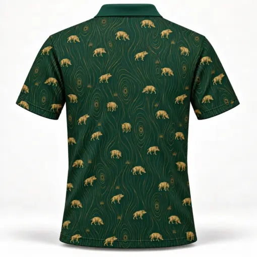 Micro Wild Boar and Gold Woodgrain Forest Green Polo Shirt - Back view