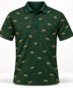 Micro Wild Boar and Gold Woodgrain Forest Green Polo Shirt - Front view