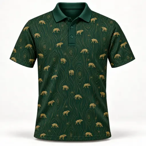 Micro Wild Boar and Gold Woodgrain Forest Green Polo Shirt - Front view