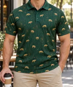 Micro Wild Boar and Gold Woodgrain Forest Green Polo Shirt - Model wearing the product