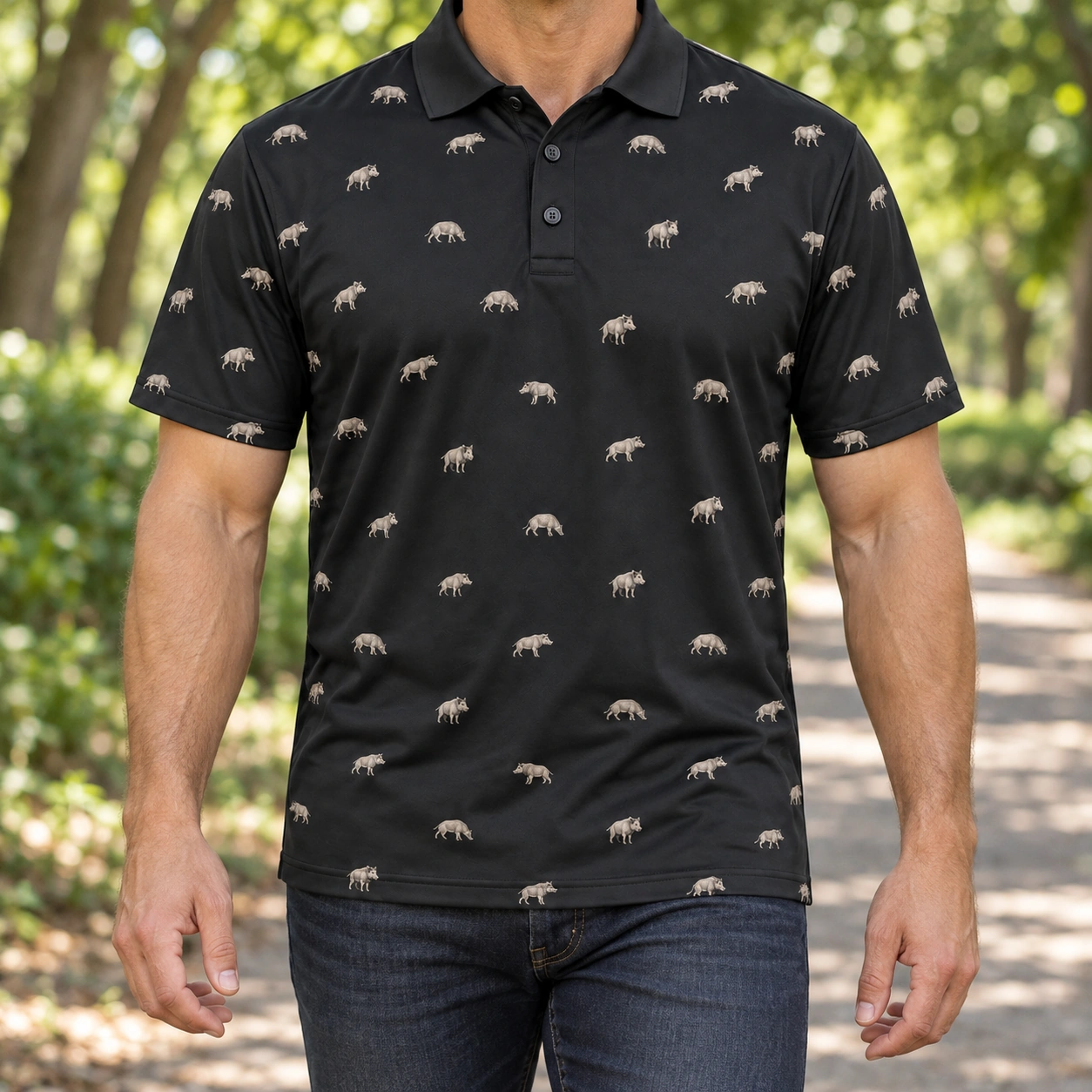 Micro Wild Boar Charcoal Polo Shirt - Model wearing the product
