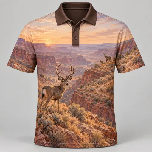 Mule Deer Mountains Canyon Dawn Polo Shirt - Front view