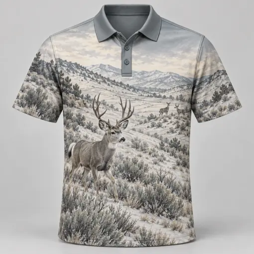 Mule Deer Mountains Winter Brush Polo Shirt - Front view