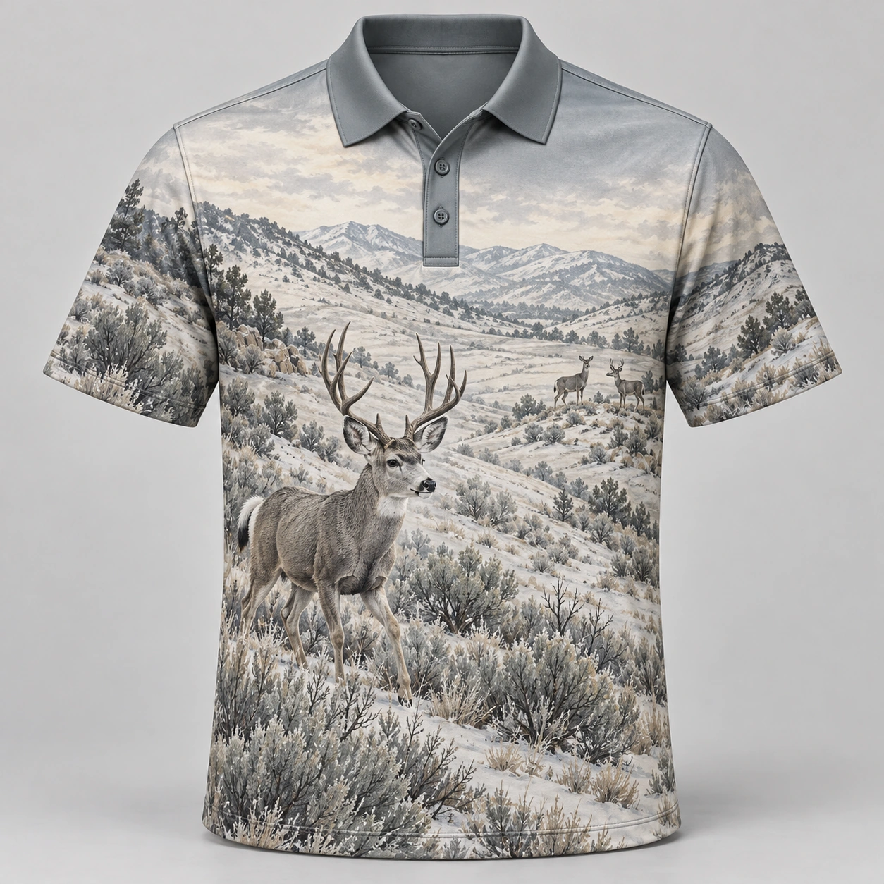Mule Deer Mountains Winter Brush Polo Shirt - Front view